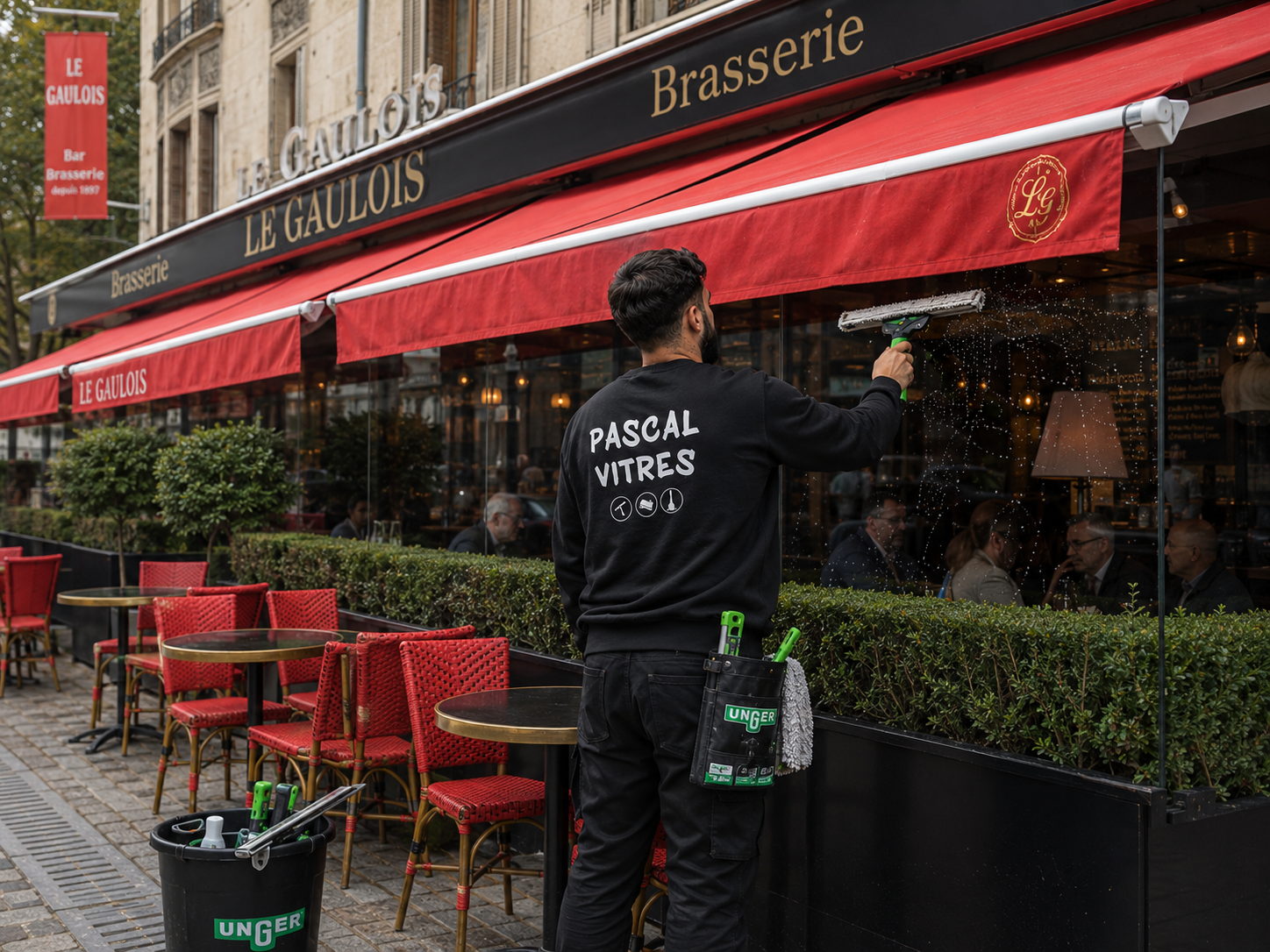 Laveur de vitres Pascal Vitres devant une brasserie à Reims